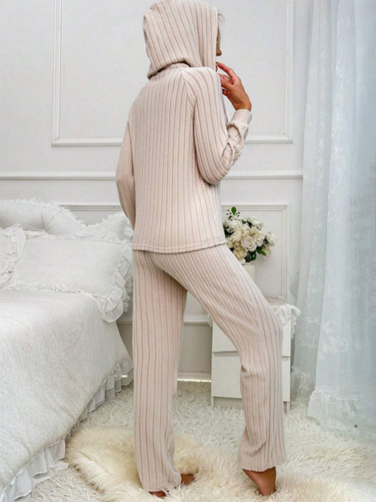 Drawstring Half Button Hooded Top and Ribbed Pants Set - ClassiQ