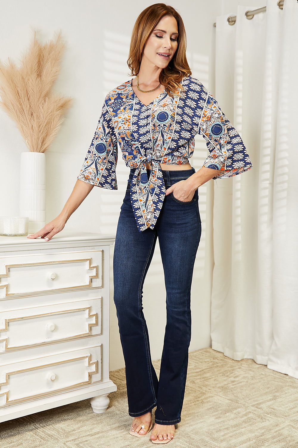 Tie Hem V-Neck Three-Quarter Sleeve Blouse - Classique Collection