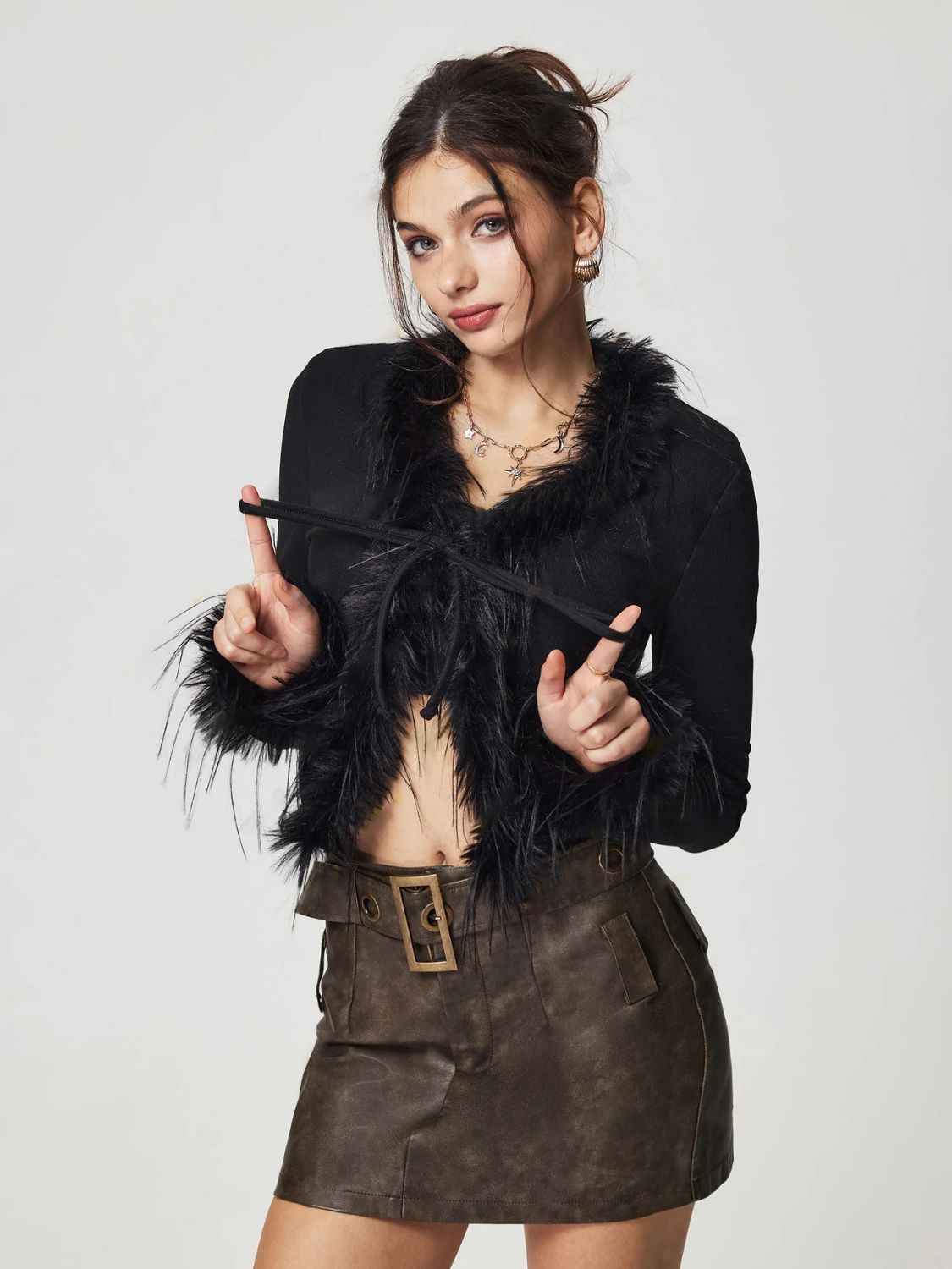 Tied Fuzzy Trim Long Sleeve Knit Cardigan - ClassiQ