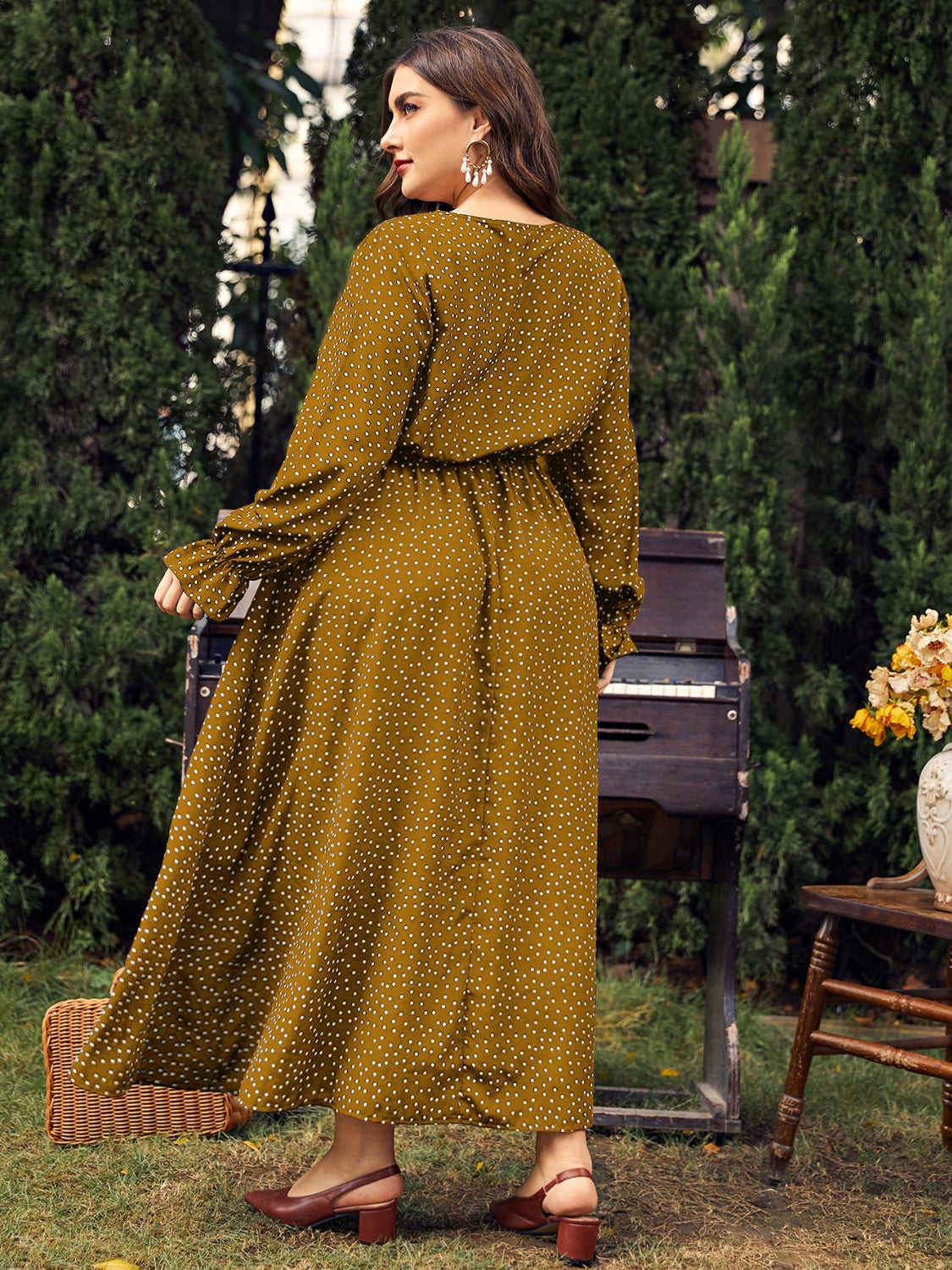 Honey Plus Size Ruffled Polka Dot Long Sleeve Midi Dress - Classique Collection