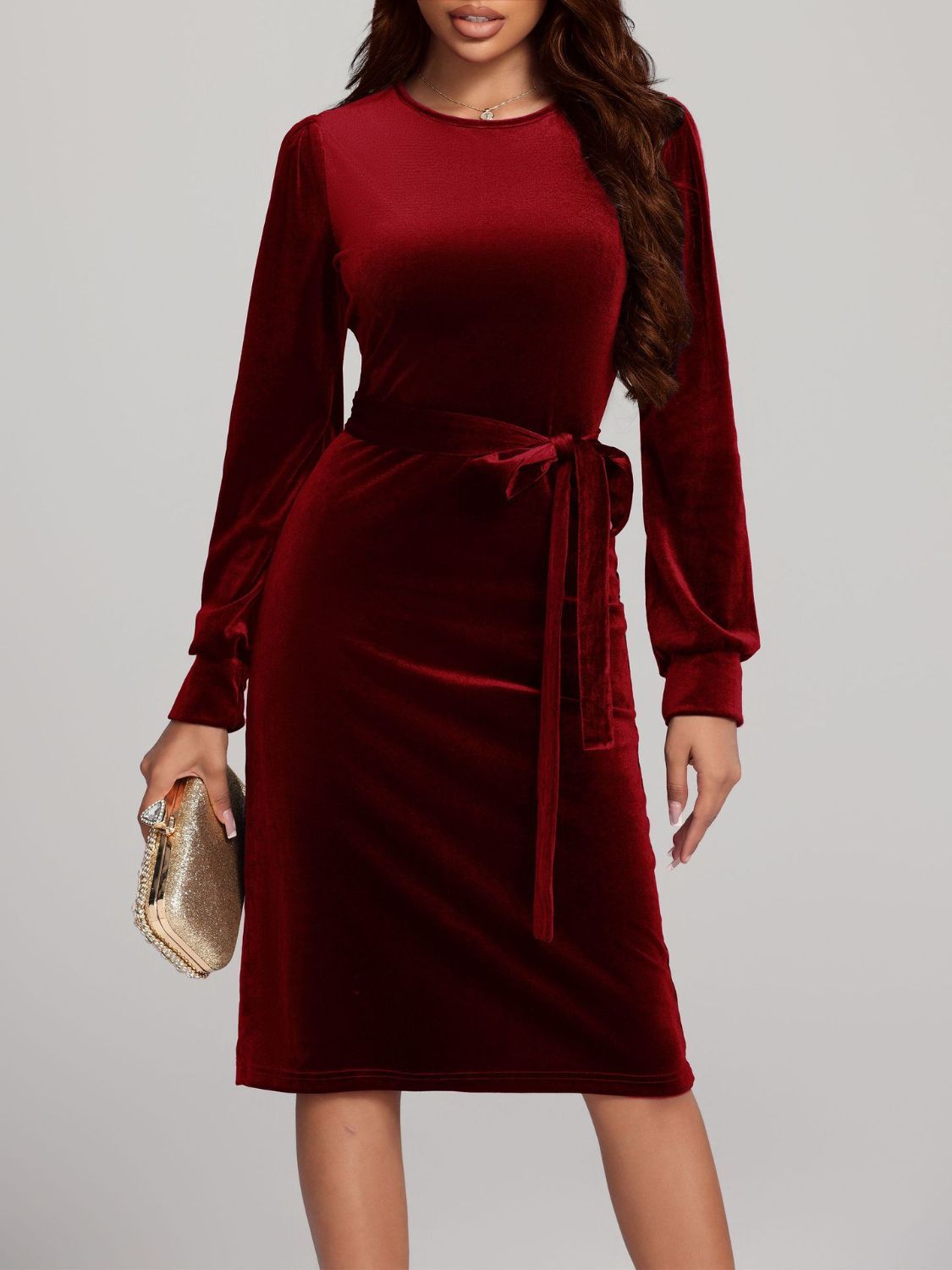 Round Neck Tie Waist Long Sleeve Velvet Dress - Classique Collection