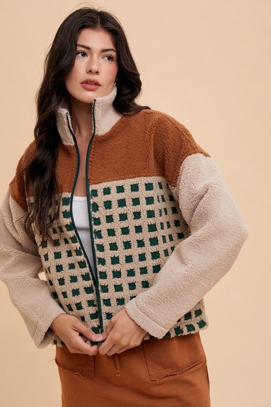 Annie Wear Plaid Zip Up Drop Shoulder Sherpa Jacket - ClassiQ