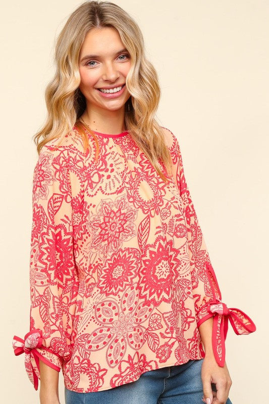 Haptics Ribbon Bow Detail Floral Round Neck Blouse - Classique Collection