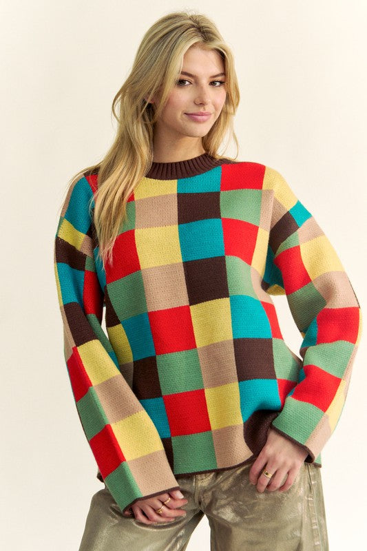 Davi & Dani Color Block Checkered Dropped Shoulder Sweater - Classique Collection
