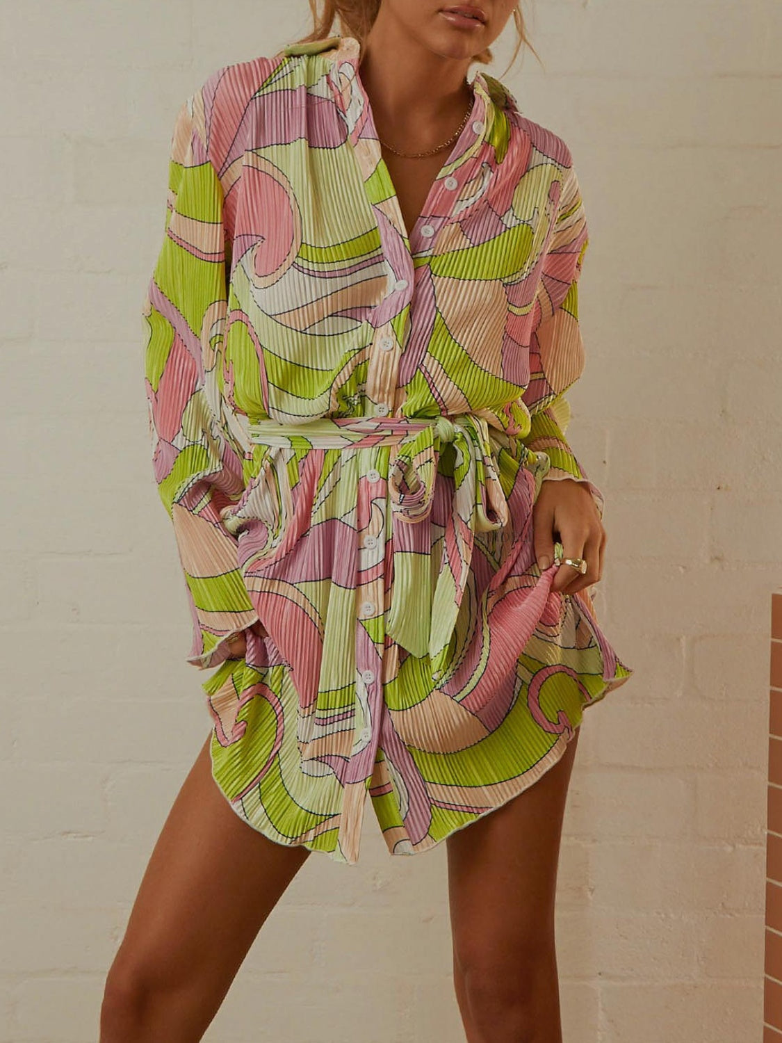 Tied Button Up Long Sleeve Dress - Classique Collection