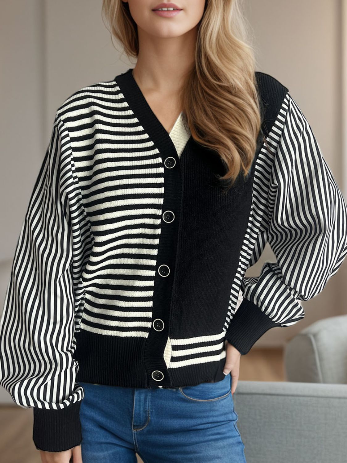 Striped Button Down Long Sleeve Cardigan - ClassiQ