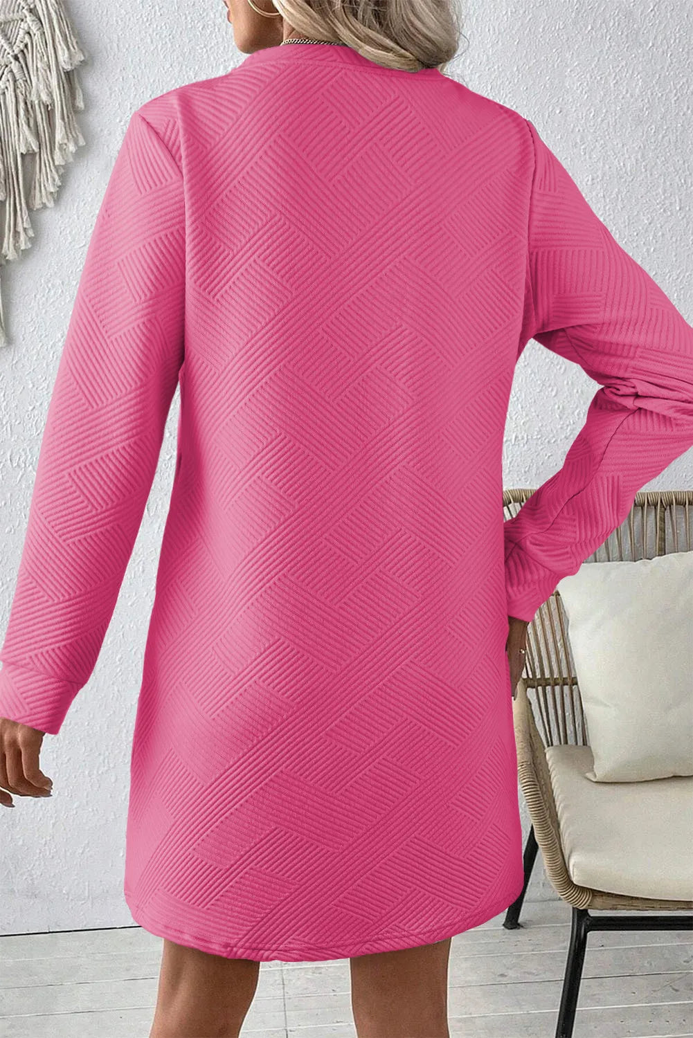 Textured Round Neck Long Sleeve Mini Dress - Classique Collection