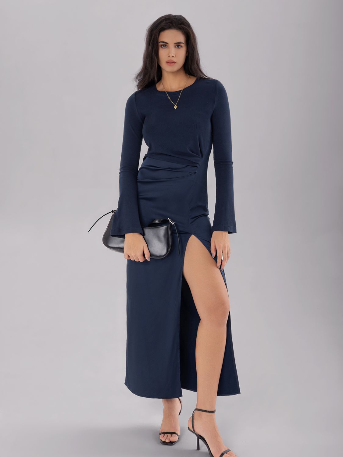 Split Round Neck Long Sleeve Midi Dress - Classique Collection