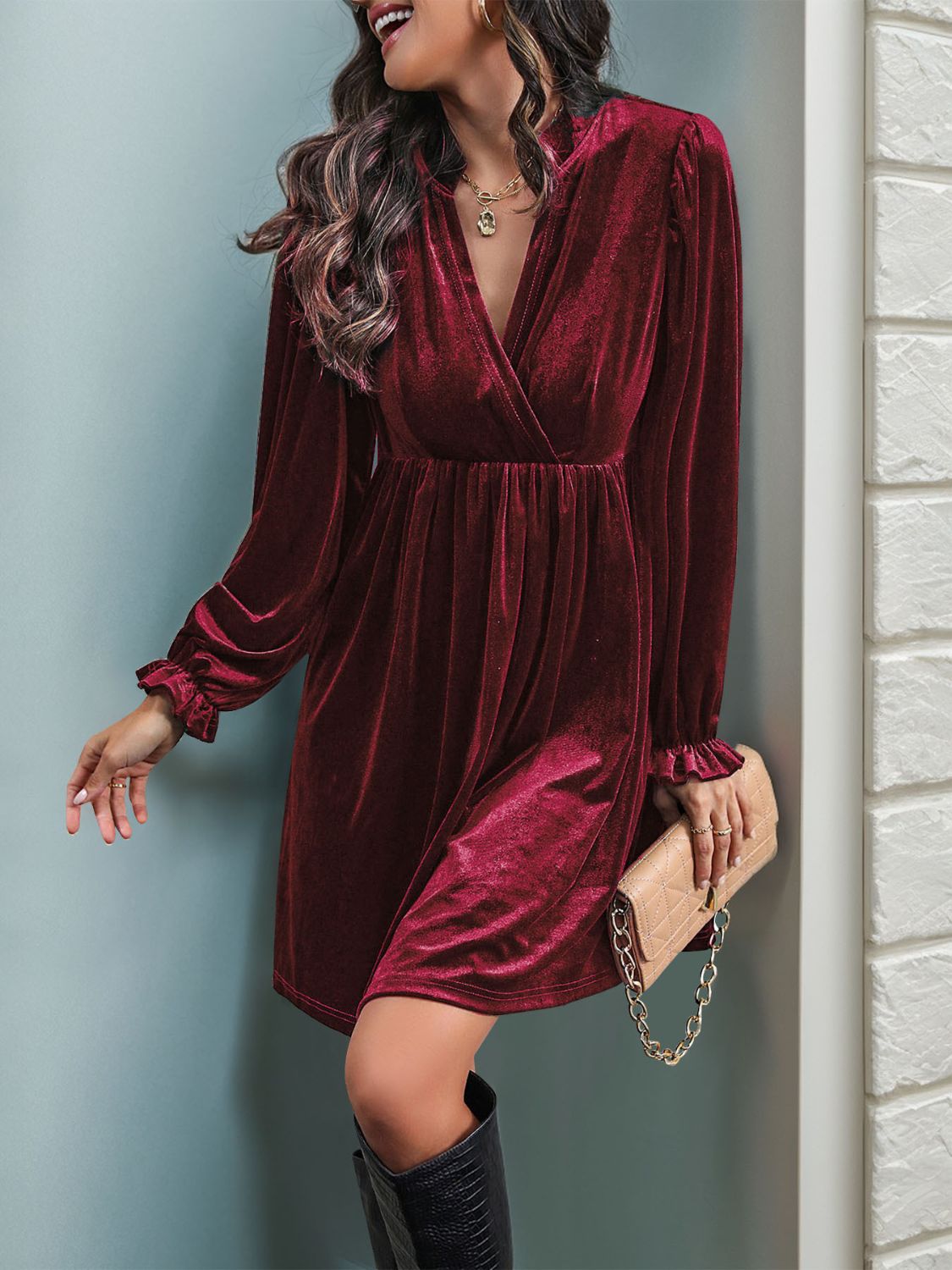 Perfee Ruched Surplice Long Sleeve Mini Dress - Classique Collection