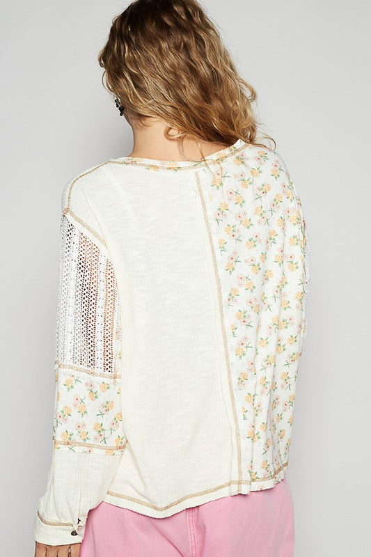 POL Floral Crochet Patch V-Neck Top - Classique Collection
