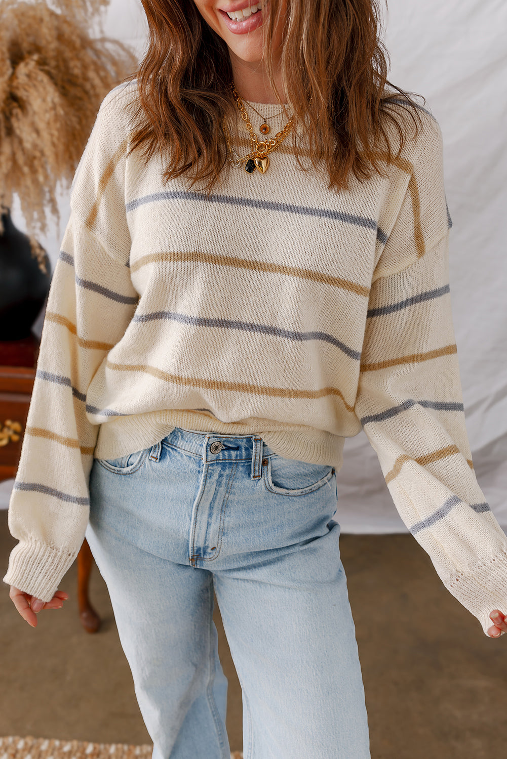 Brown Striped Ribbed Edge Drop Shoulder Sweater Shewin