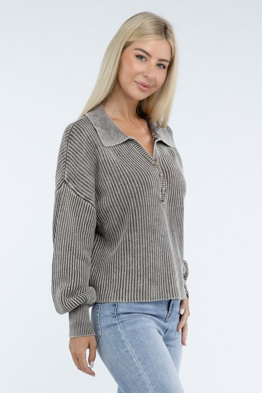 Washed Collared Henley Sweater - Classique Collection