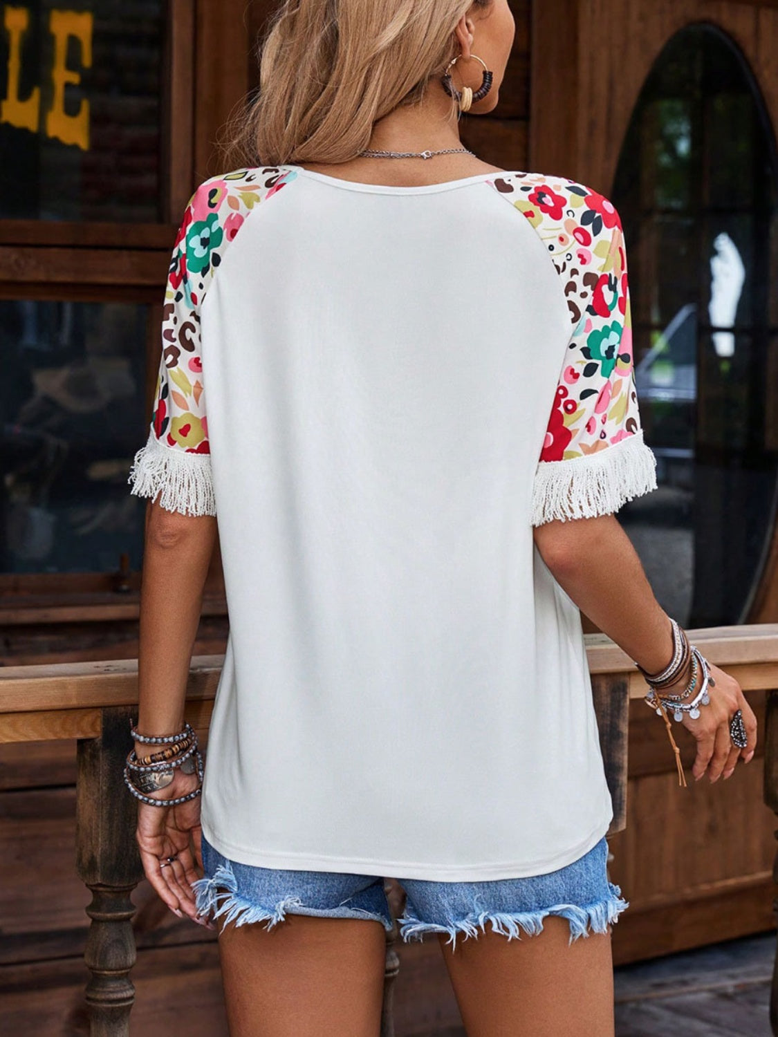 Fringe Round Neck Floral Half Sleeve T-Shirt - Classique Collection