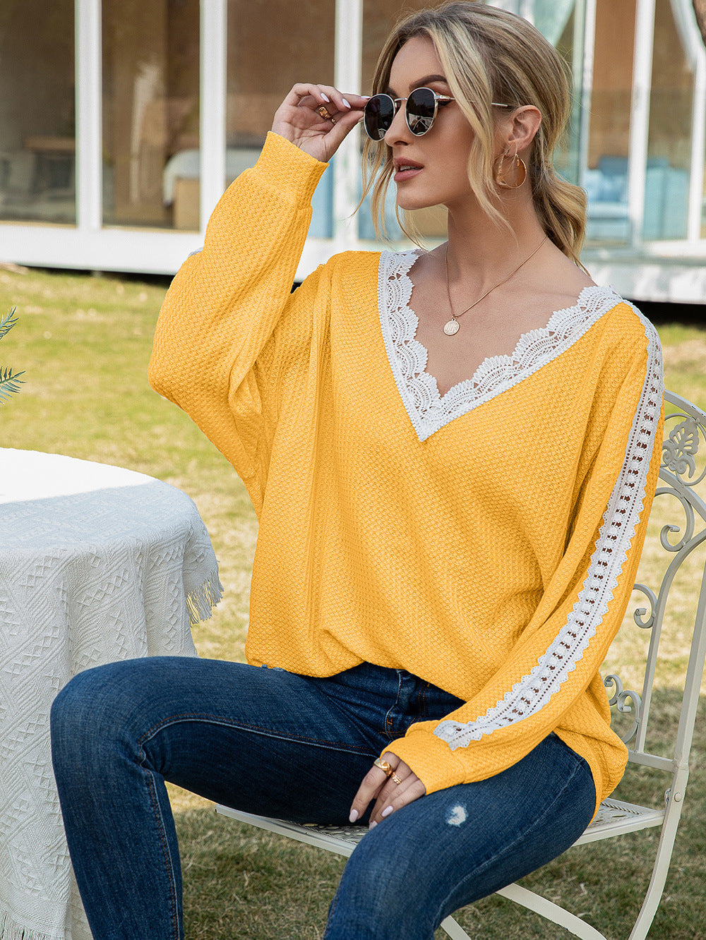 Ivy Lane Contrast Spliced Lace V-Neck Top - Classique Collection