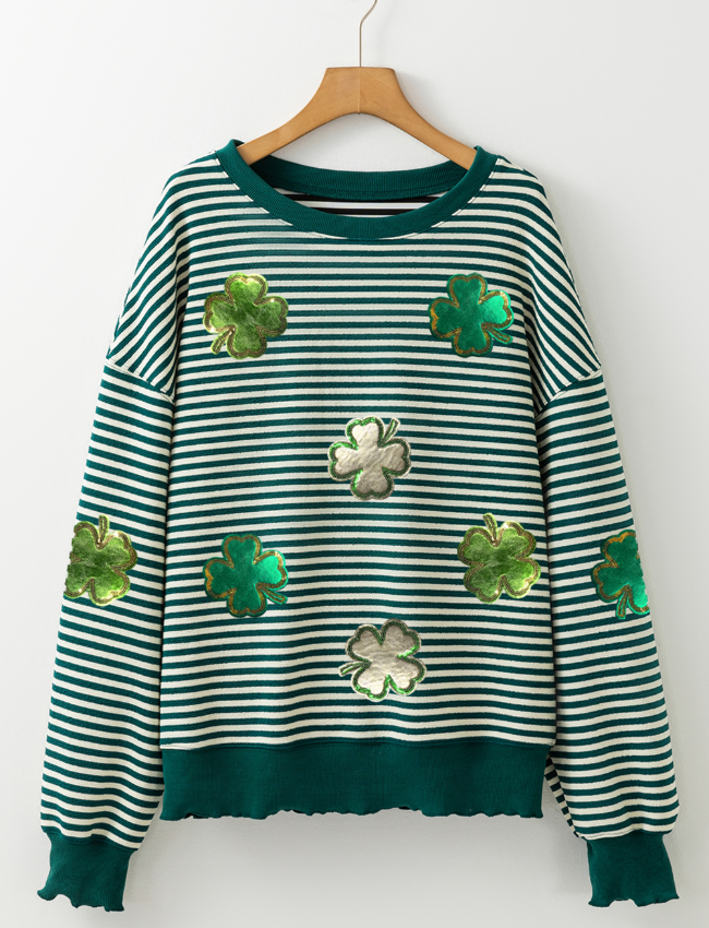 Stripe Lucky Clover Drop Shoulder Sweatshirt - ClassiQ