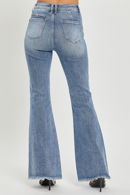 RISEN Full Size High Waist Raw Hem Flare Jeans - Classique Collection