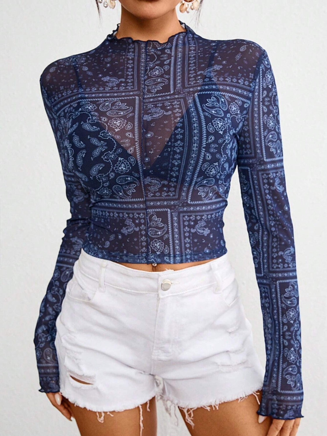 Paisley Mock Neck Long Sleeve Sheer Top - Classique Collection