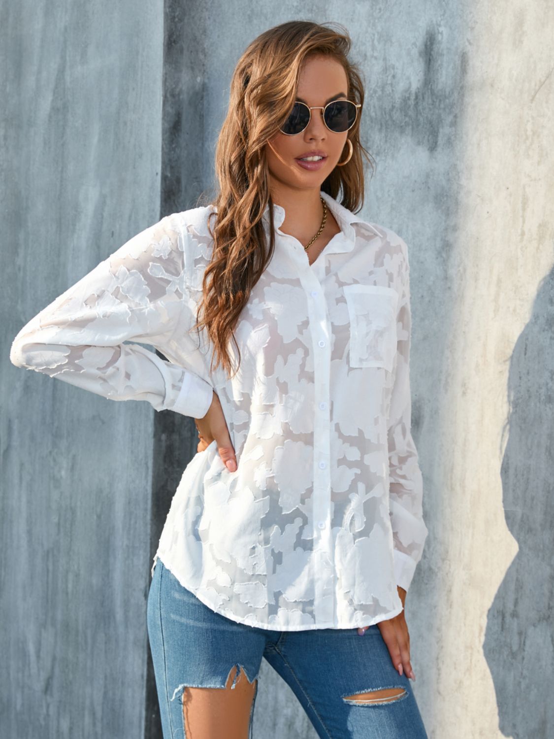 Full Size Collared Neck Long Sleeve Shirt Plus Size - Classique Collection