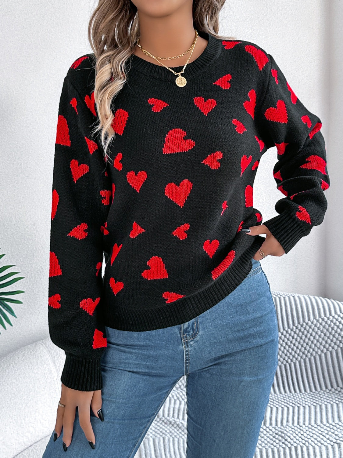 Heart Round Neck Long Sleeve Sweater - ClassiQ