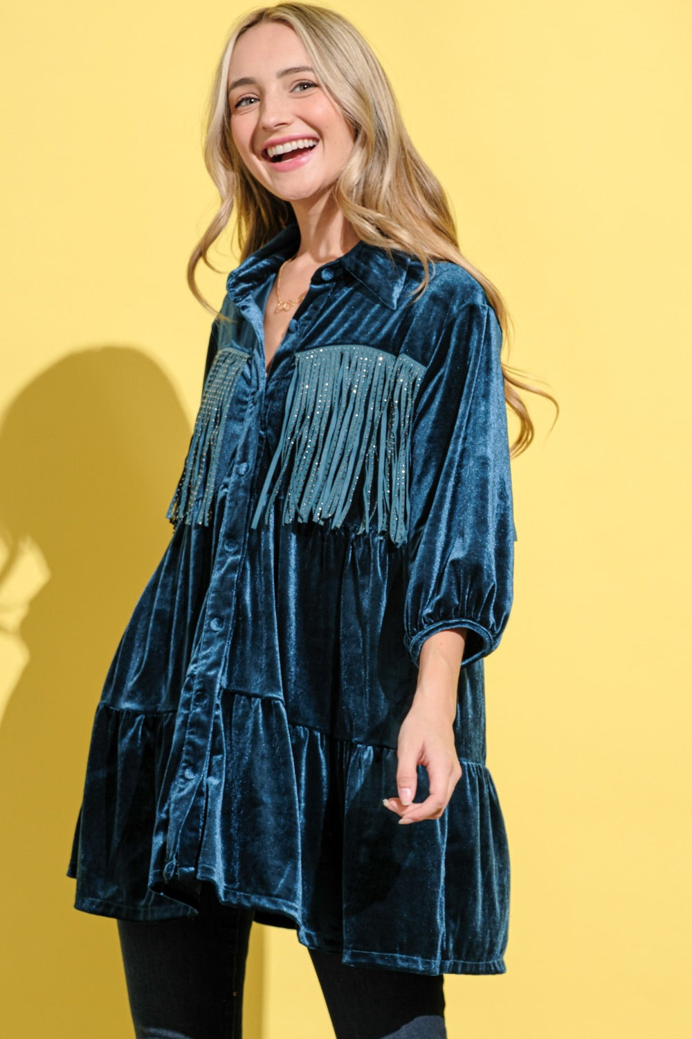 And The Why Fringe Detailed Velvet Shirt Dress - Classique Collection