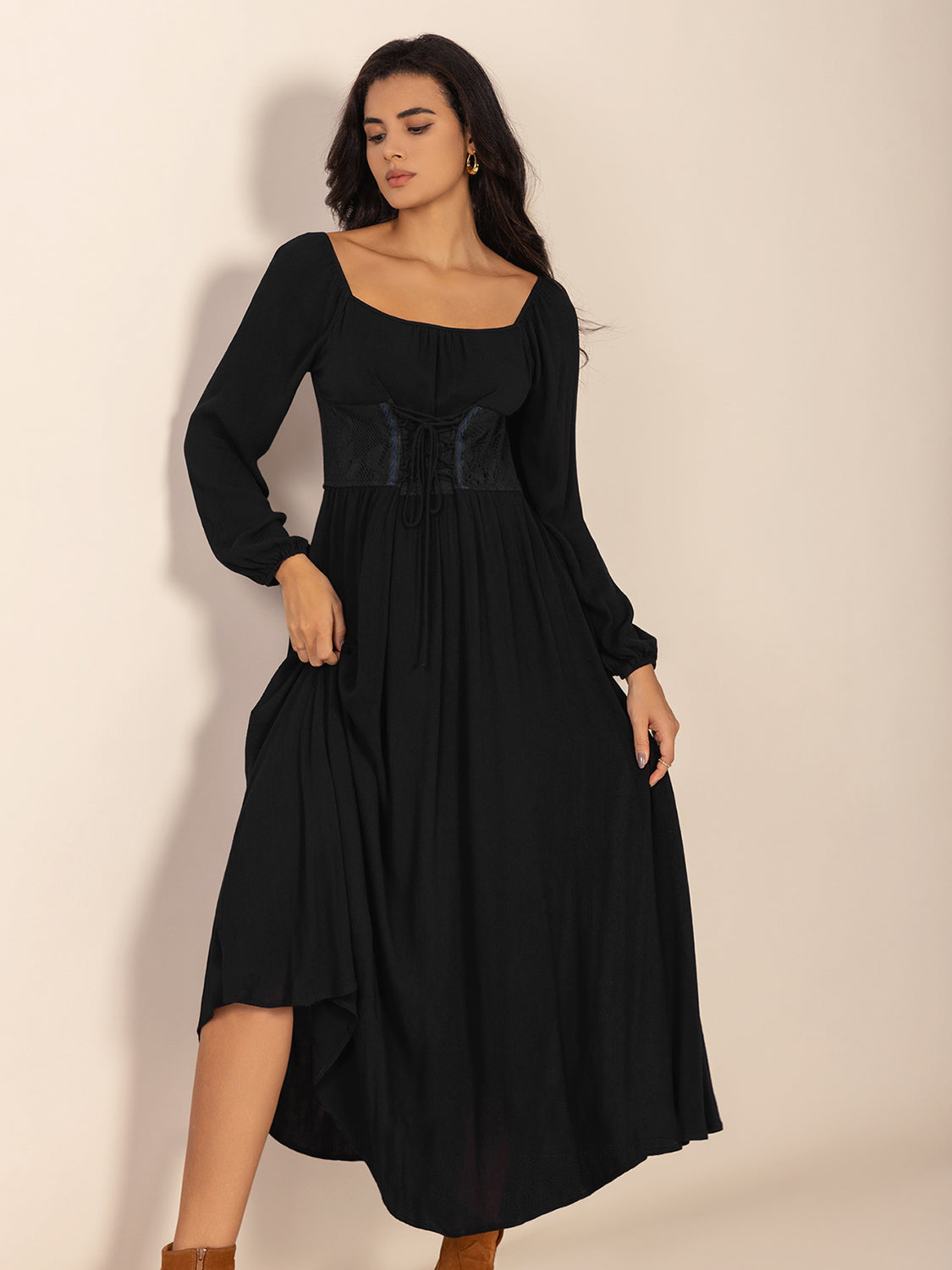 Lace-Up Square Neck Long Sleeve Midi Dress - Classique Collection