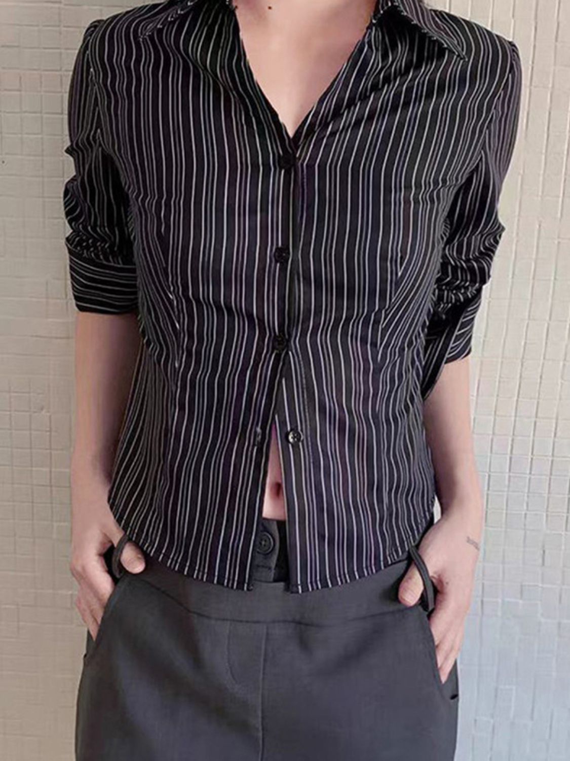 Devine Striped Collared Neck Long Sleeve Shirt - Classique Collection