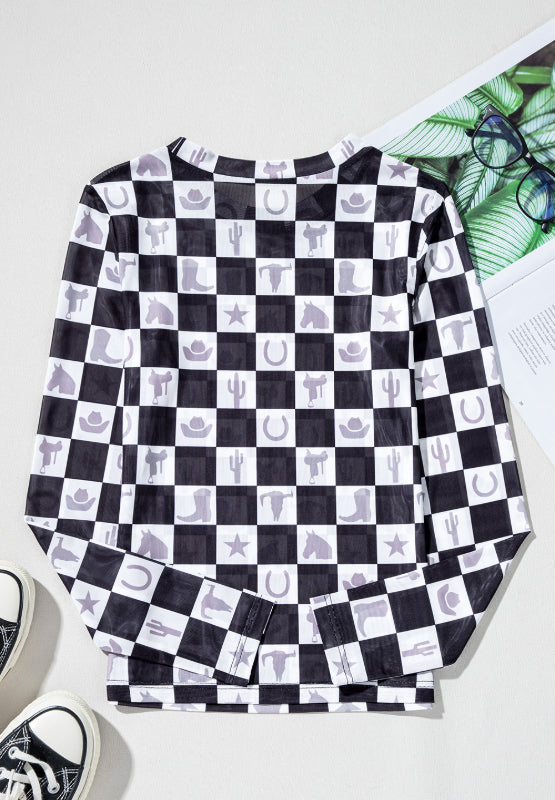 Checkered Mock Neck Long Sleeve Top - Classique Collection