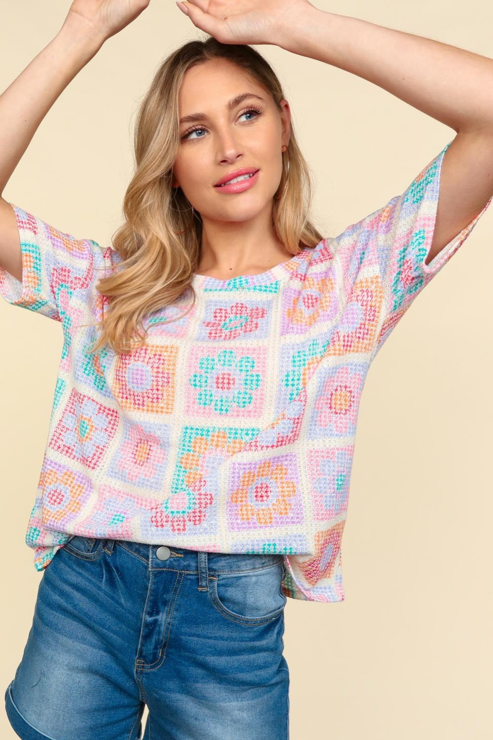 Haptics Flower Print Round Neck Short Sleeve T-Shirt - Classique Collection