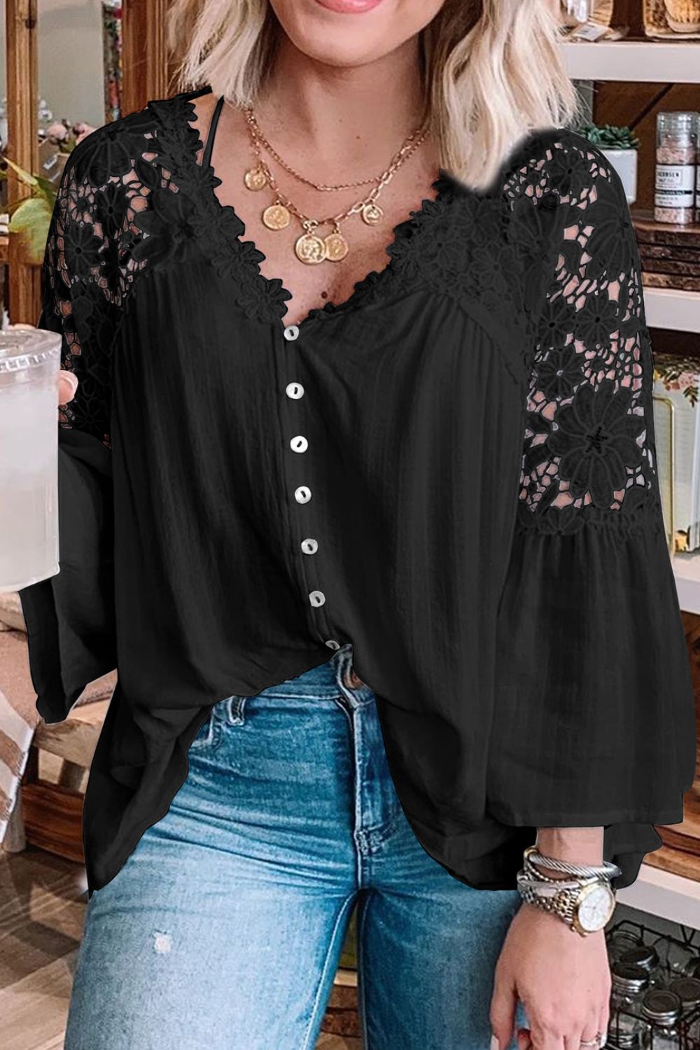 Cutout V-Neck Three-Quarter Sleeve Top - Classique Collection