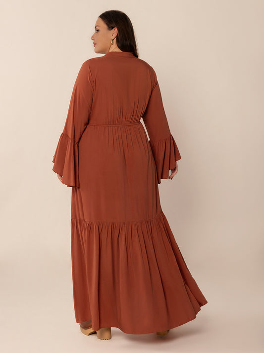 Plus Size Ruffled Notched Long Sleeve Midi Dress - Classique Collection