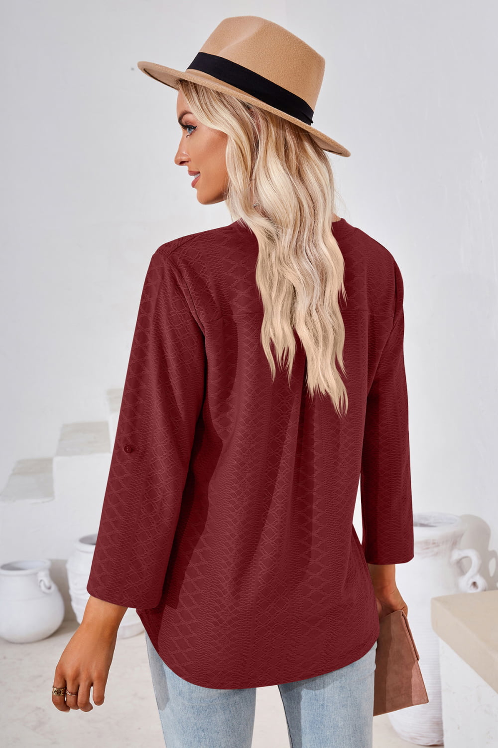 V-Neck Roll-Tap Sleeve Blouse - Classique Collection