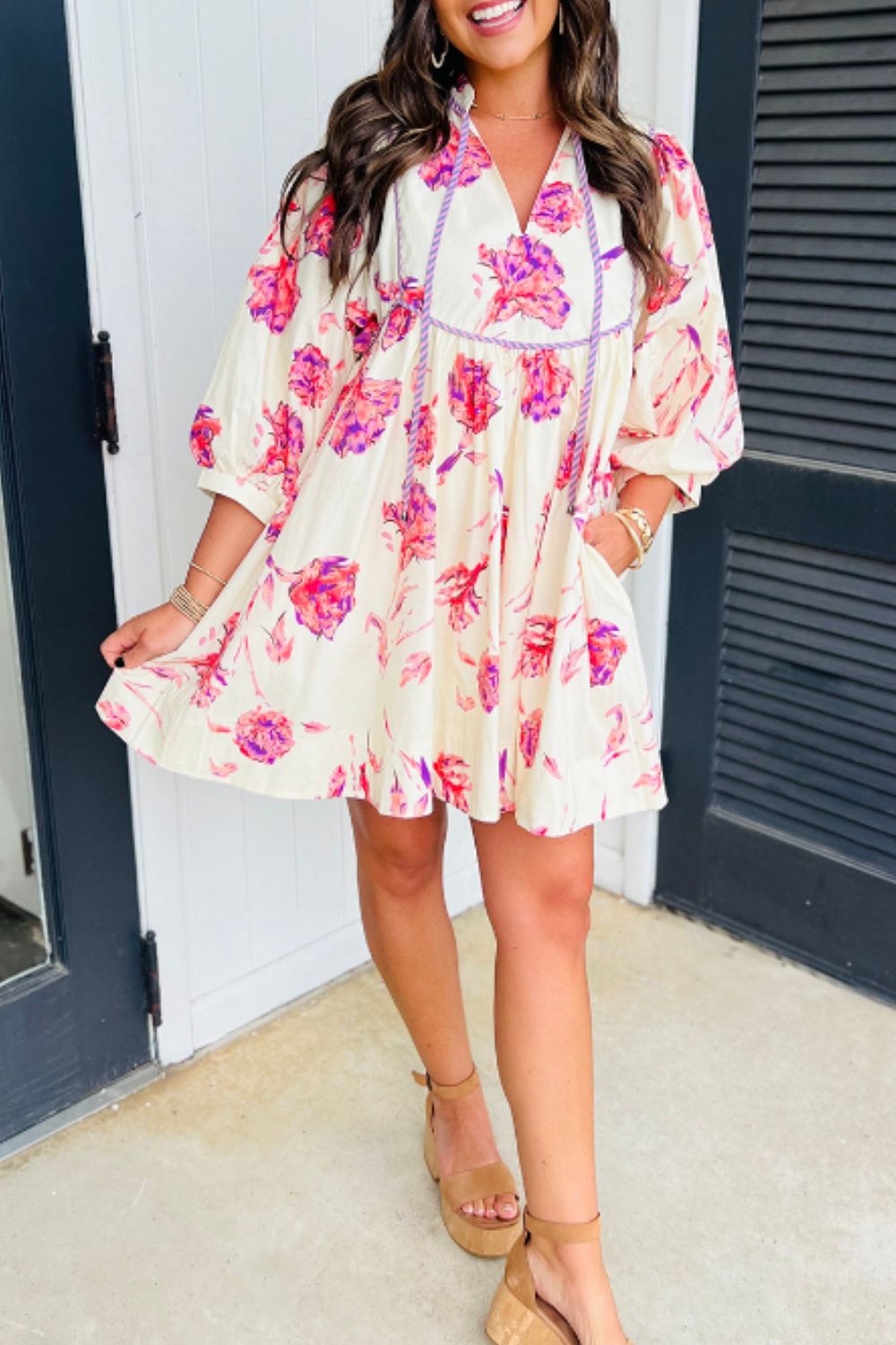 Tied Flower Printed Three-Quarter Sleeve Dress - Classique Collection