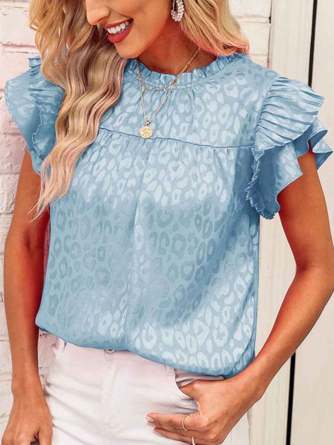 Leopard Frill Mock Neck Ruffled Cap Sleeve Top - Classique Collection