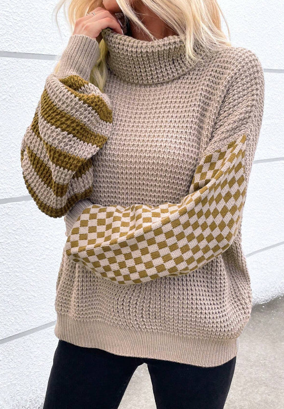 Striped & Checkered Turtleneck Dropped Shoulder Sweater - ClassiQ