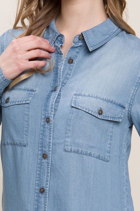 Love Tree Scooped Hem Button Up Denim Shirt - Classique Collection