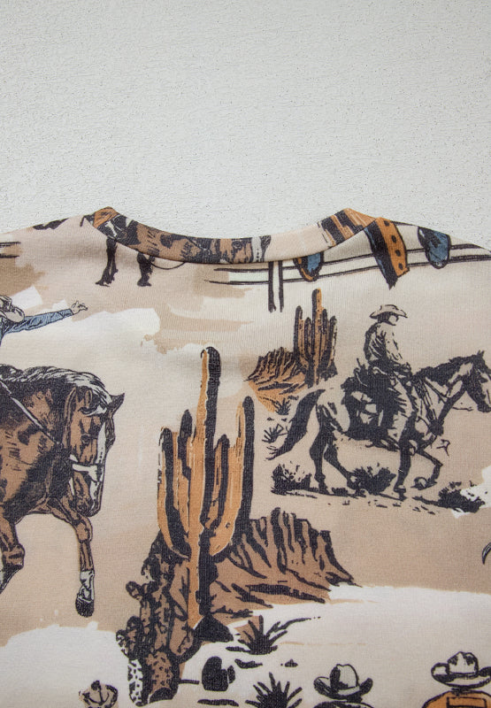 Cowboy Print Round Neck Short Sleeve T Shirt - Classique Collection