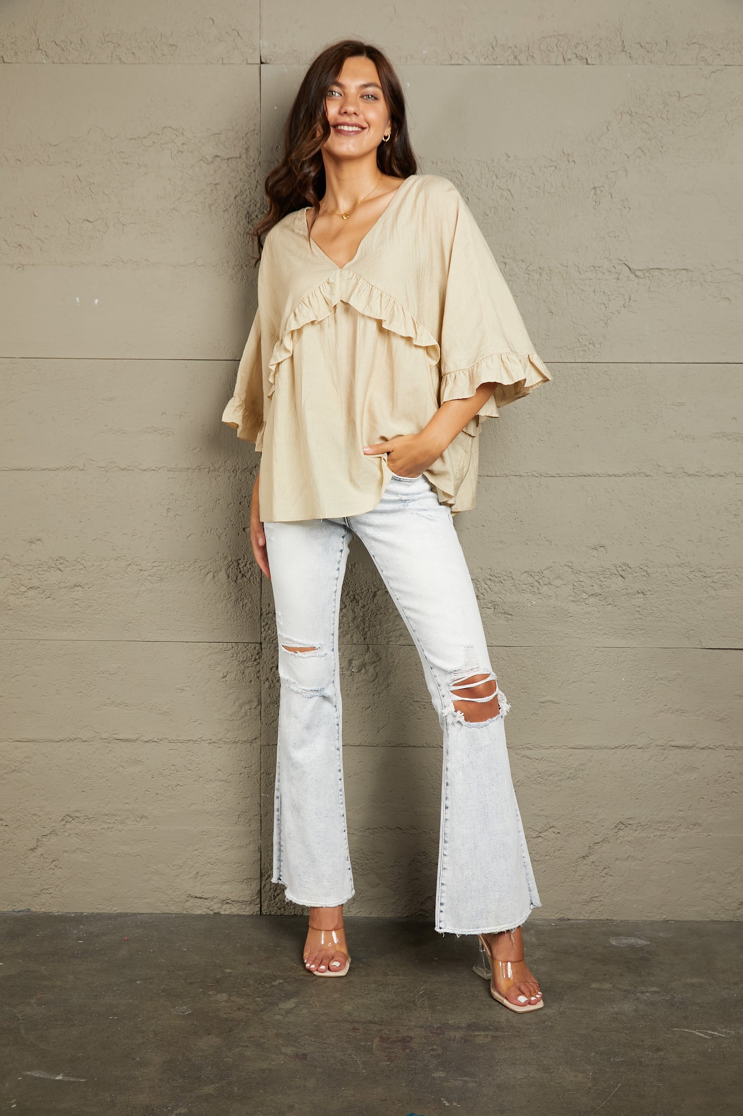 Ruffled V-Neck Half Sleeve Blouse - Classique Collection