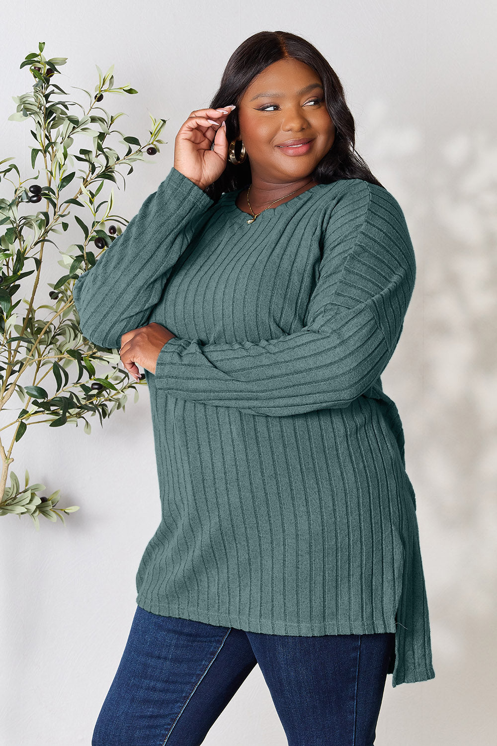 Basic Bae Full Size Ribbed Round Neck Long Sleeve Slit Top - Classique Collection
