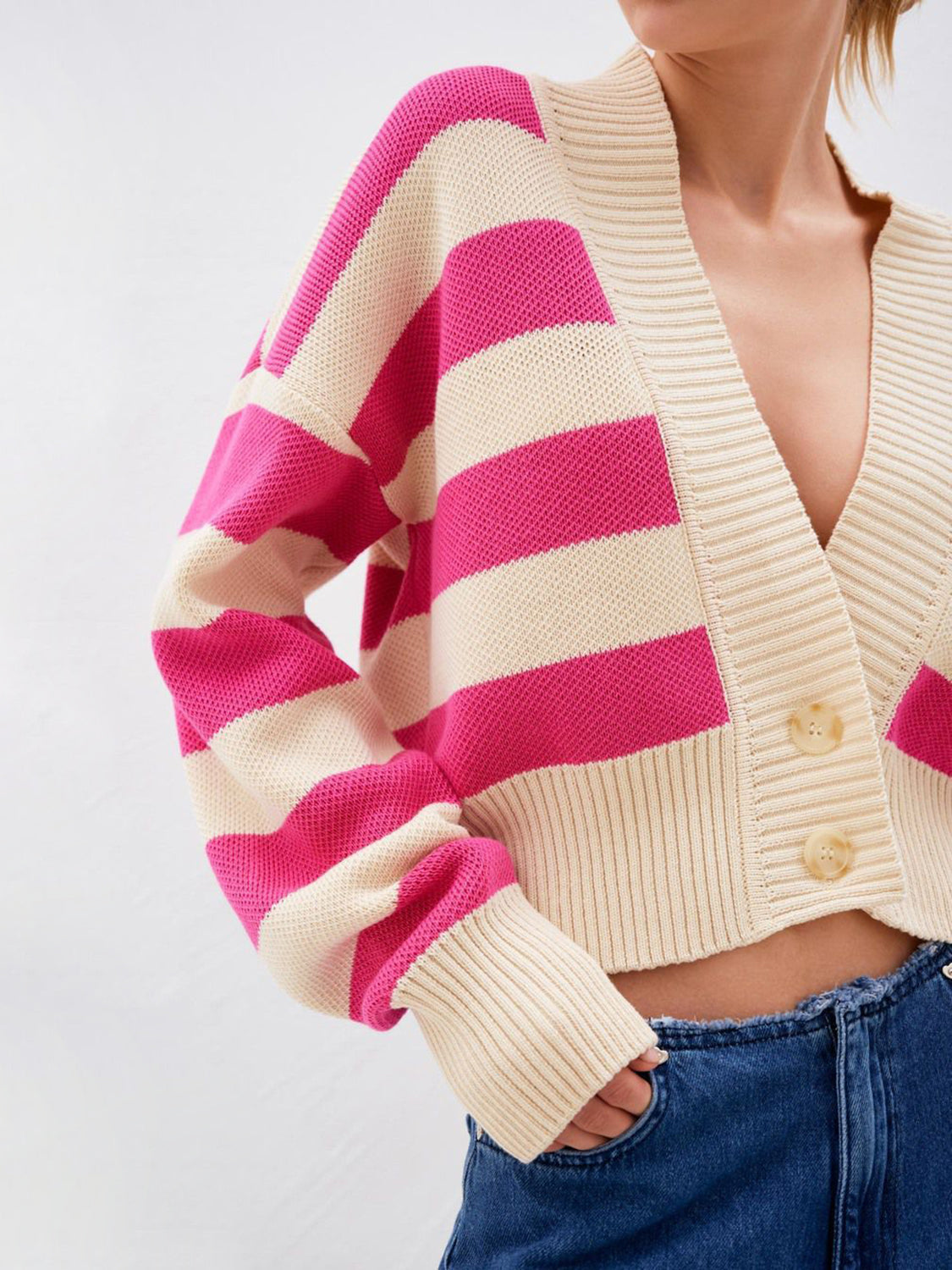 Striped Button Down Drop Shoulder Cardigan - Classique Collection