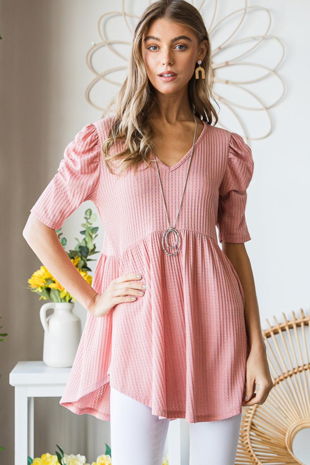 Heimish Full Size Waffle Knit V-Neck Babydoll Top - ClassiQ
