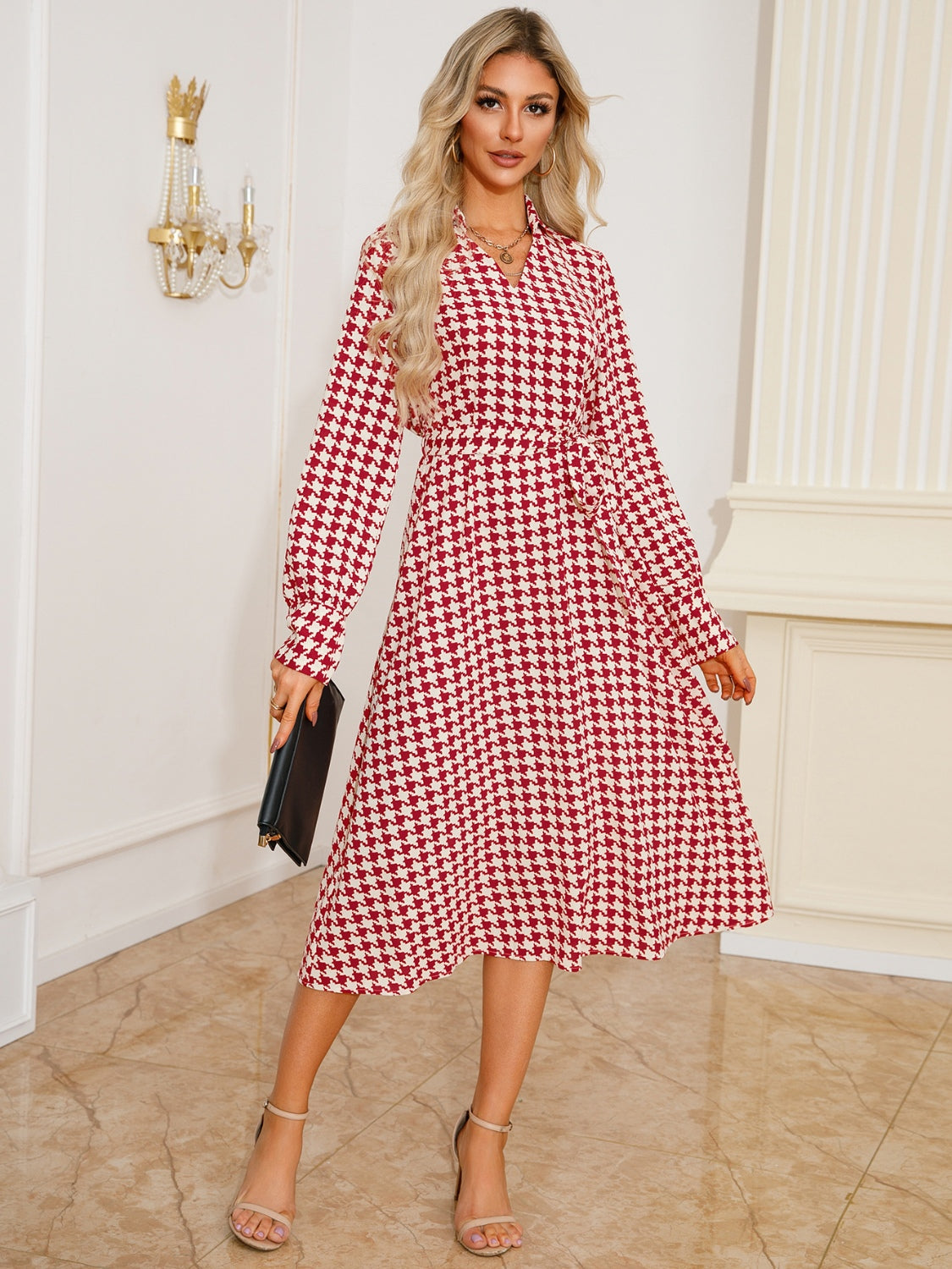 Tied Houndstooth Long Sleeve Midi Dress - Classique Collection