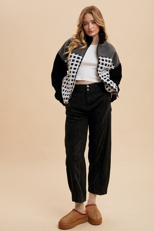 Annie Wear Plaid Zip Up Drop Shoulder Sherpa Jacket - ClassiQ