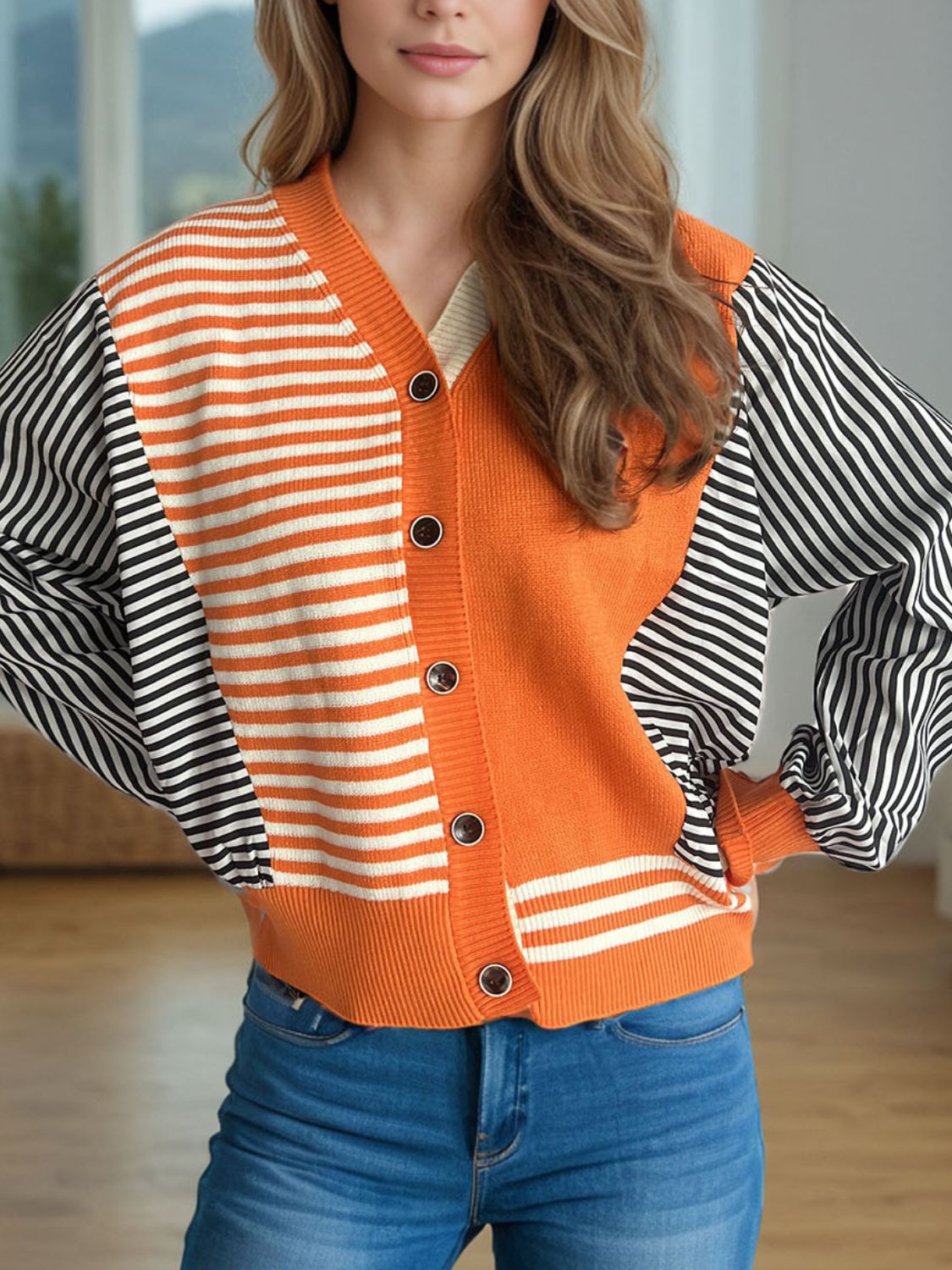 Striped Button Down Long Sleeve Cardigan - ClassiQ