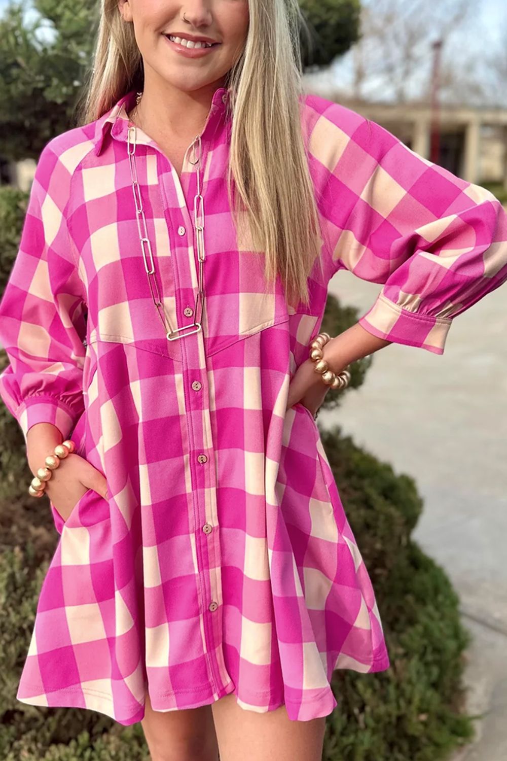 Ruched Plaid Three-Quarter Sleeve Shirt Dress - Classique Collection