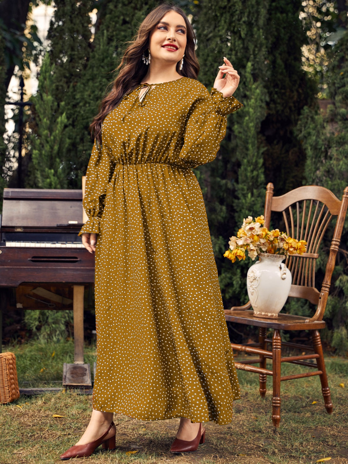 Honey Plus Size Ruffled Polka Dot Long Sleeve Midi Dress - Classique Collection