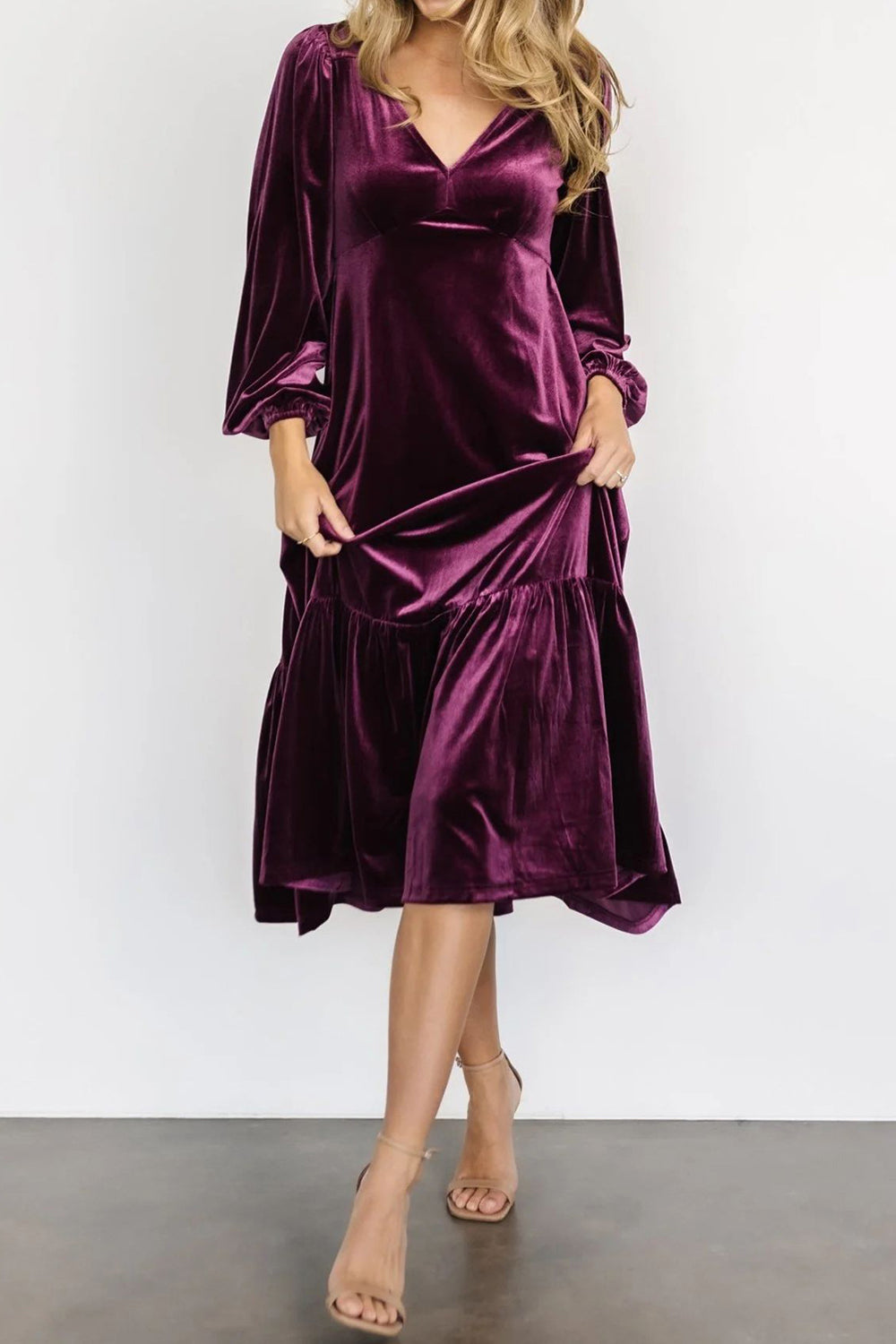 V-Neck Long Sleeve Midi Velvet Dress - Classique Collection