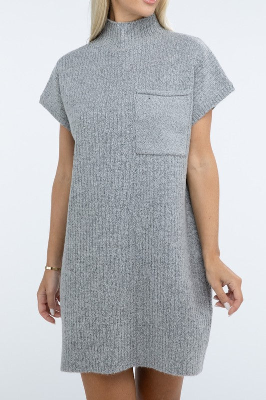 Mock Neck Short Sleeve Sweater Dress with Pocket - Classique Collection