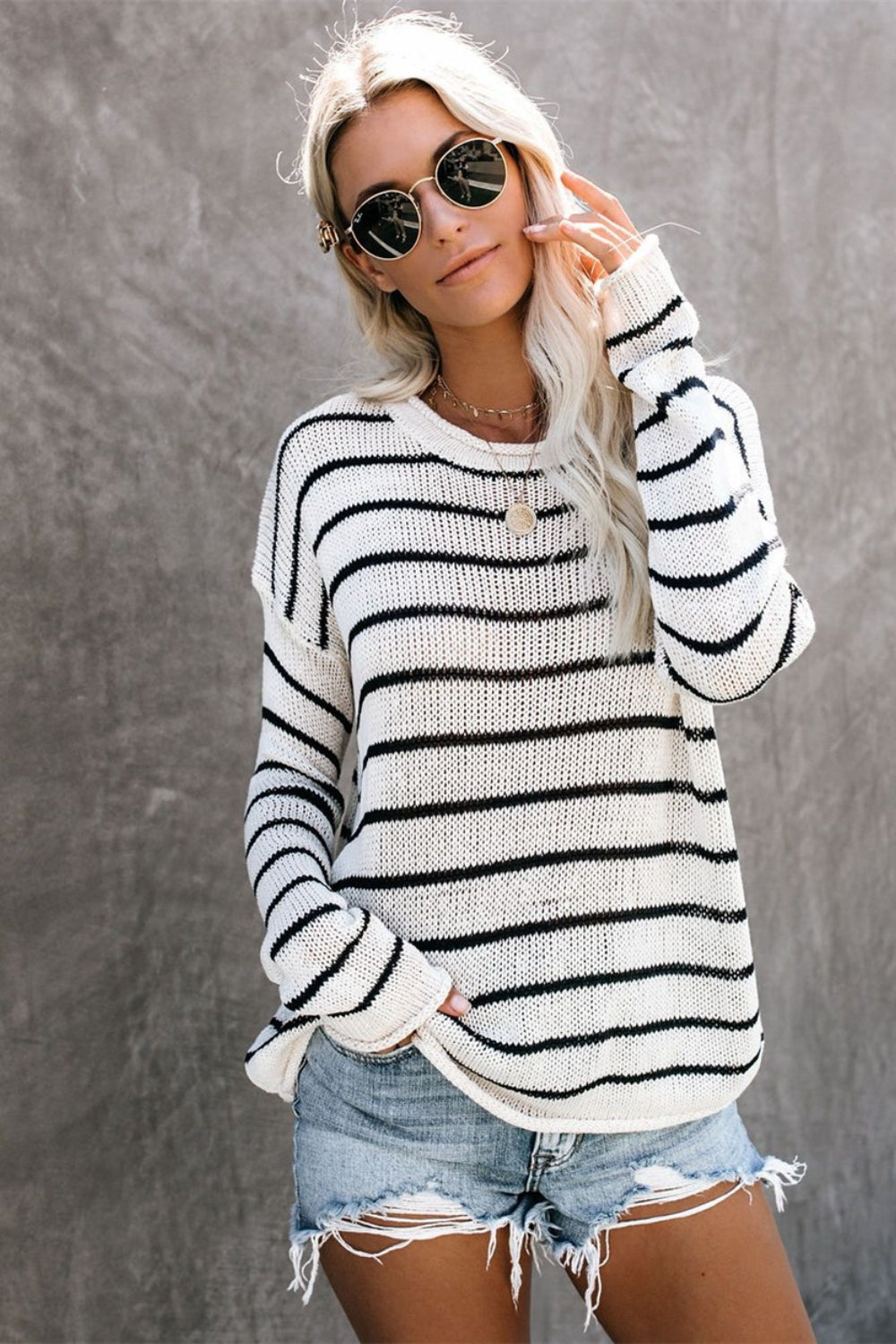 Striped Round Neck Drop Shoulder Sweater - Classique Collection