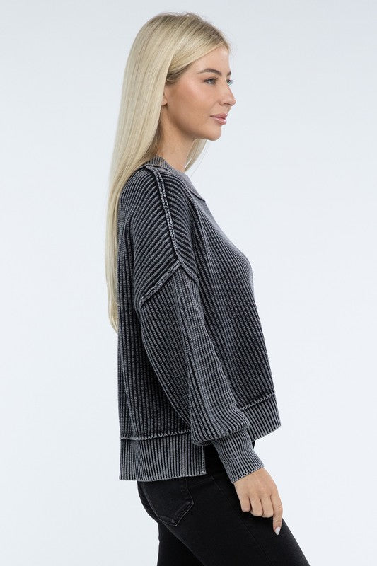 Washed Side Slit Oversized Cropped Sweater - Classique Collection