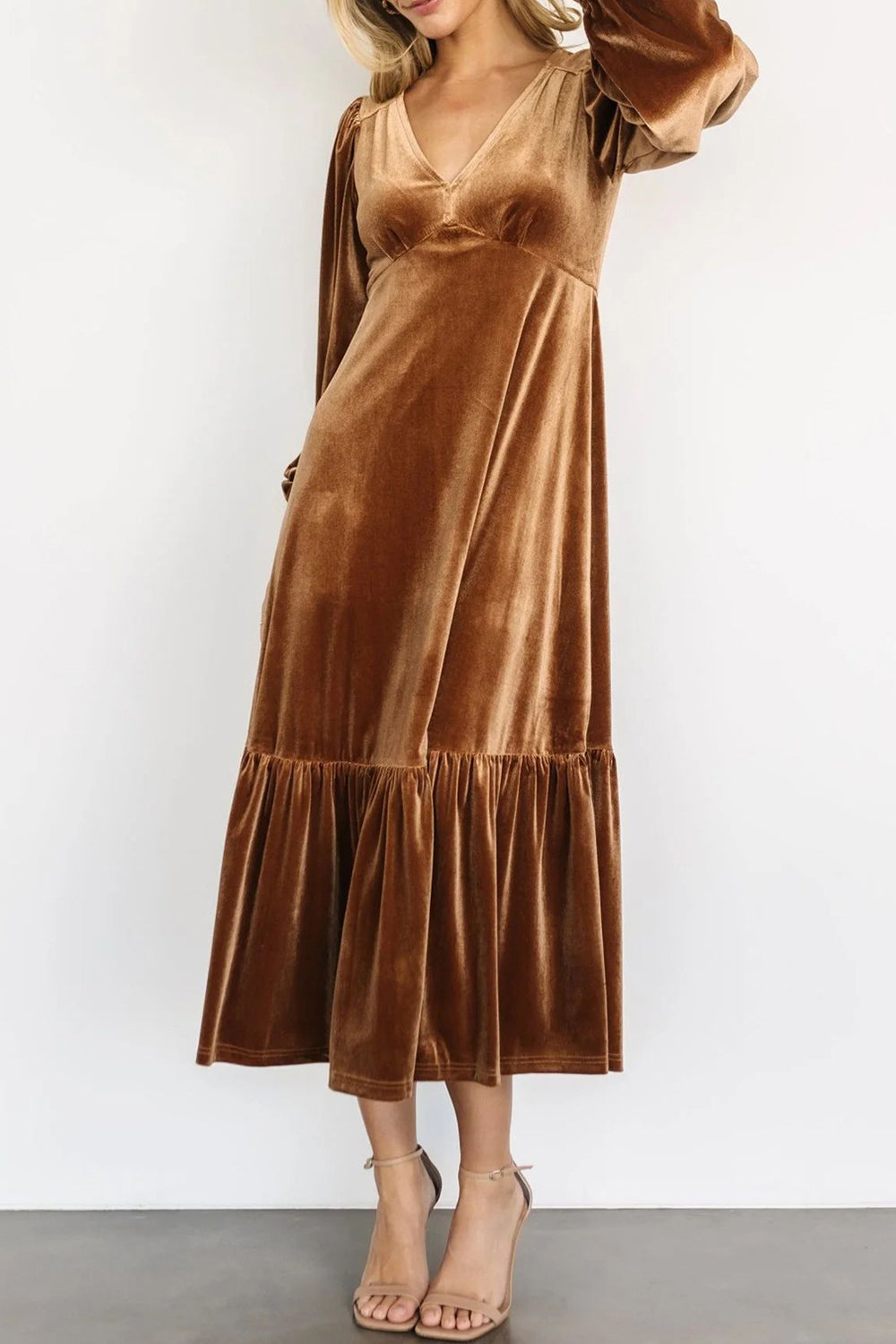 V-Neck Long Sleeve Midi Velvet Dress - Classique Collection